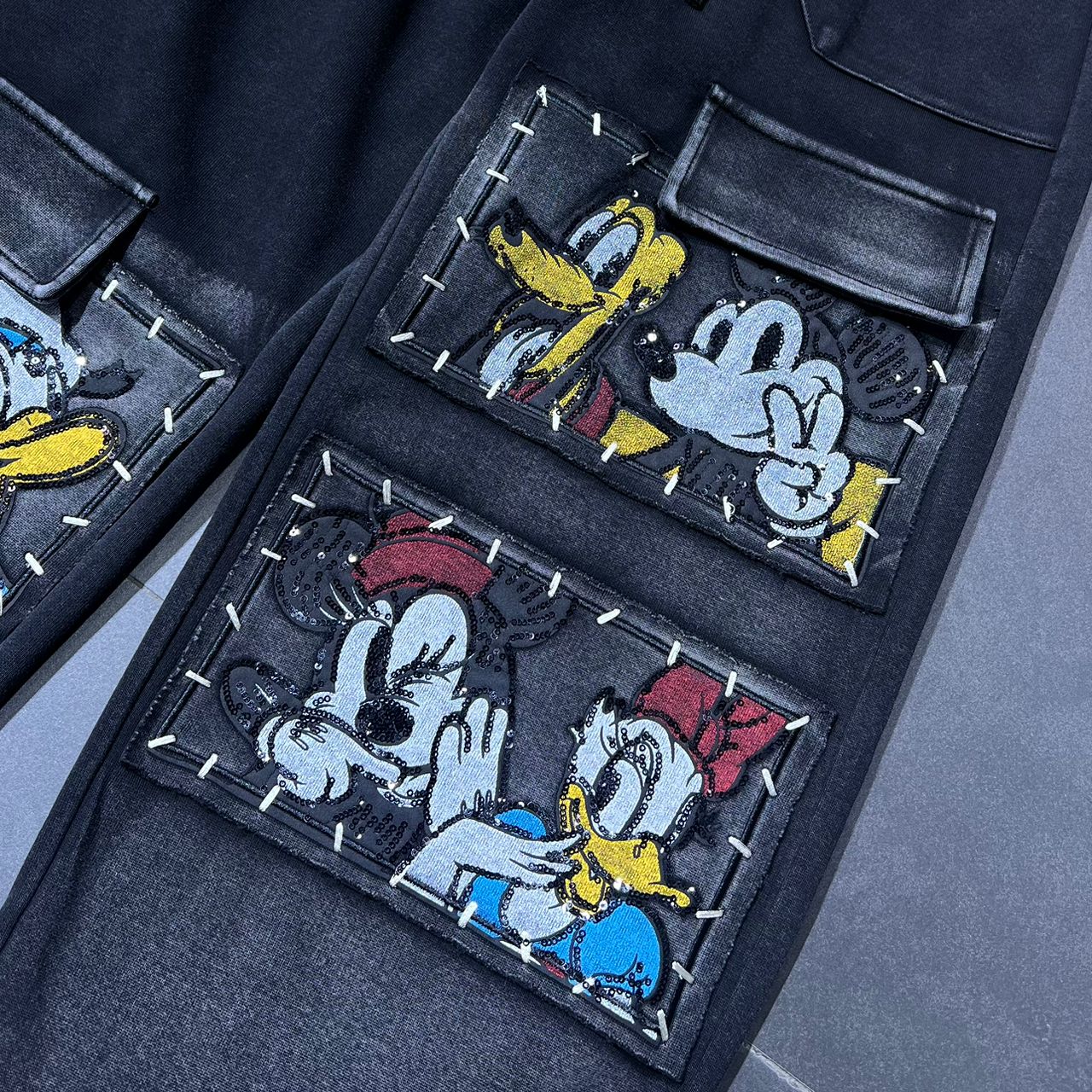 Disney-Inspired Sequined Patchwork Cargo Sweatpants