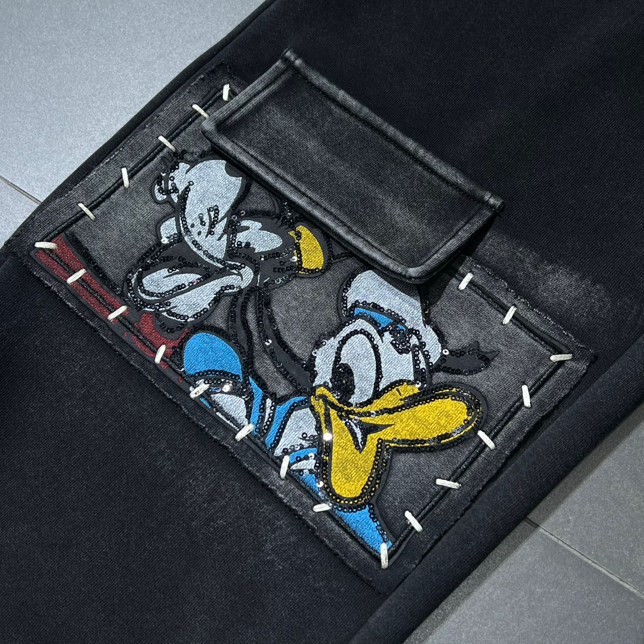 Disney-Inspired Sequined Patchwork Cargo Sweatpants