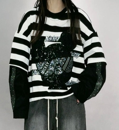 Striped Oversized Mickey Sweatshirt with Sequin Detail